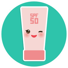 Suntan lotion Sun Cream Container. Sunscreen SPF 50. Pink tube on blue background. sun care cosmetics. Summer vacation beach. Kawaii with pink cheeks and winking eyes, pastel colors. Vector
