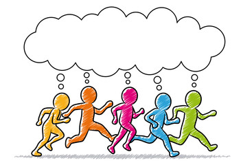 Farbige Strichmännchen: Geschäftsleute beim Laufen mit Sprechblase / Schraffierte Vektor-Zeichnung