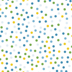 Colorful polka dots seamless pattern on black 12 background. Ideal classic colorful polka dots textile pattern. Seamless scattered confetti fall chaotic decor. Abstract vector illustration.