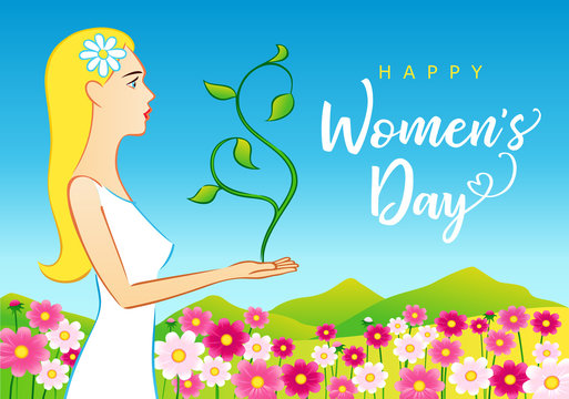 8 March, Happy Womens Day beautiful woman greeting card. Vector illustration for the International Women`s Day with lettering and beautiful women on spring background