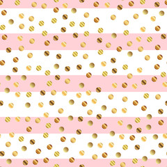 Golden dots seamless pattern on pink striped background. Rare gradient golden dots endless random scattered confetti on pink striped background. Confetti fall chaotic decor. Modern creative pattern.
