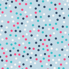 Colorful polka dots seamless pattern on bright 19 background. Majestic classic colorful polka dots textile pattern. Seamless scattered confetti fall chaotic decor. Abstract vector illustration.