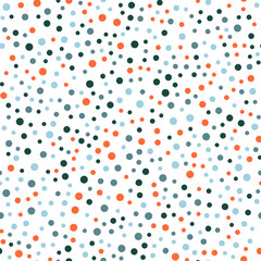 Colorful polka dots seamless pattern on white 26 background. Fine classic colorful polka dots textile pattern. Seamless scattered confetti fall chaotic decor. Abstract vector illustration.