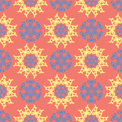 Flower design seamless pattern. Bright yellow and blue flower elements on salmon red background