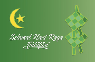Selamat Hari Raya Aidilfitri greeting card. The hanging ketupat and crescent with star, garlands on green background. Caption: Fasting Day of Celebration
