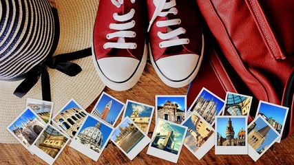 Collage of landmarks, set of travel photos. Suitcase and tourist stuff on wooden background