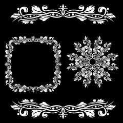 Floral decorations. Ornamental frames and dividers on black background
