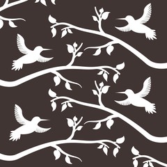 white silhouette birds and branches tree decoration pattern vector illustration