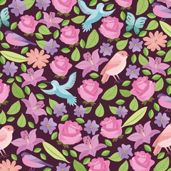 cute rose daisy lily birds leaves natural decoration background vector illustration