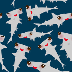 Seamless pattern Cartoon gray Smooth hammerhead Winghead shark Kawaii with pink cheeks and winking eyes positive smiling on dark blue background. Vector