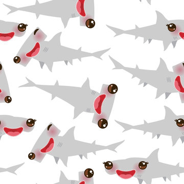 Seamless pattern Cartoon gray Smooth hammerhead Winghead shark Kawaii with pink cheeks and winking eyes positive smiling on white background. Vector