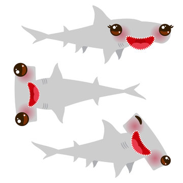 Cartoon gray Smooth hammerhead Winghead shark set. Kawaii with pink cheeks and winking eyes positive smiling on white background. Vector