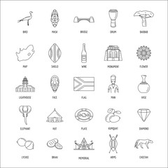 South Africa culture and traditions outline icons set. South Africa objects vector illustration isolated on white background. Elements of South Africa architecture and religion.