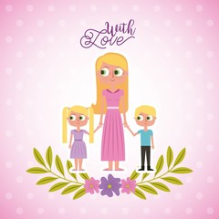 blonde mother holding her childs with love card floral decoration vector illustration