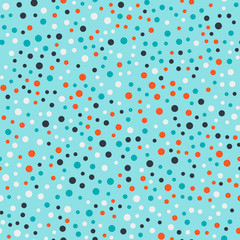 Colorful polka dots seamless pattern on bright 17 background. Shapely classic colorful polka dots textile pattern. Seamless scattered confetti fall chaotic decor. Abstract vector illustration.
