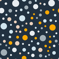 Colorful polka dots seamless pattern on bright 7 background. Shapely classic colorful polka dots textile pattern. Seamless scattered confetti fall chaotic decor. Abstract vector illustration.