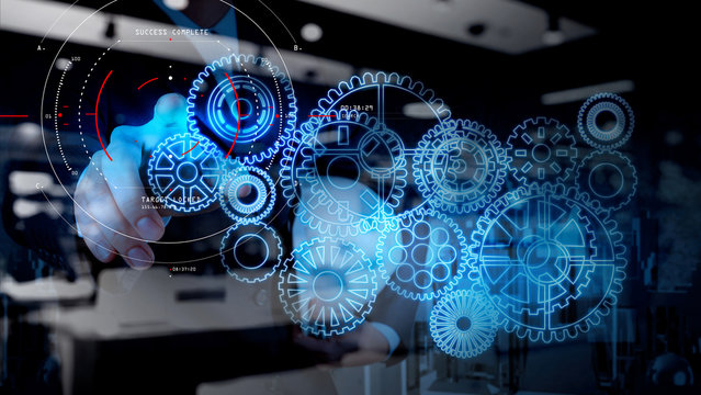 Concept of target focus digital diagram,graph interfaces,virtual UI screen,connections netwoork.Hipster finance analist working at trendy office