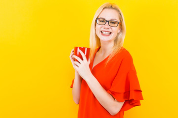 Blonde woman in red dress