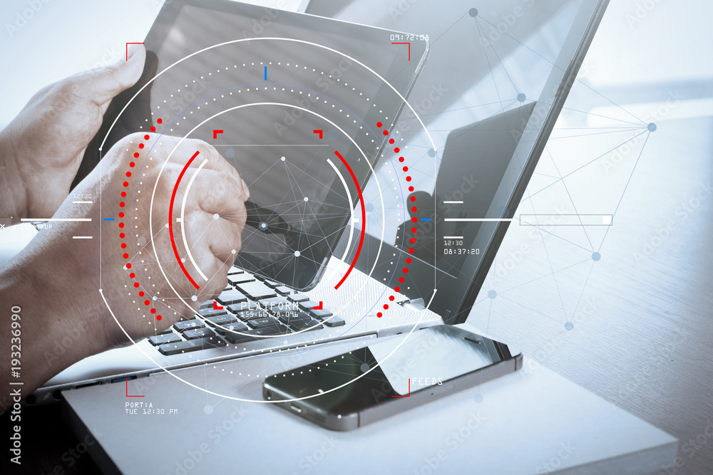 Poster Concept of target focus digital diagram,graph interfaces,virtual UI screen,connections netwoork.Hipster finance analyst working at trendy office