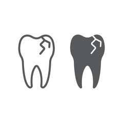 Cracked tooth line and glyph icon, stomatology and dental, broken tooth sign vector graphics, a linear pattern on a white background, eps 10.