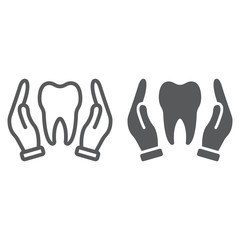 Hands holding tooth line and glyph icon, stomatology and dental, dental care sign vector graphics, a linear pattern on a white background, eps 10.