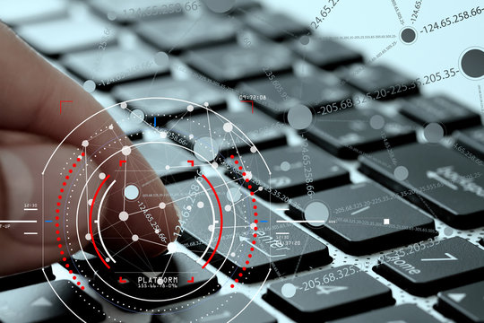 Concept of target focus digital diagram,graph interfaces,virtual UI screen,connections netwoork.Hipster finance analist working at trendy office