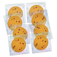 Chocolate chip cookie, Freshly baked Four cookies in transparent plastic package isolated on white background. Bright colors. Vector