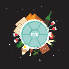 Passover seder plate with flat traditional icons over night background. Passover in Hebrew. greeting card design template. vector illustration