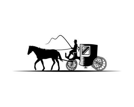 Horse-Drawn carriage with the Coachman Illustration Hand Drawing Symbol Logo Vector