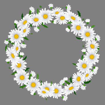 Beautiful chamomile wreath on beige background with place for your text