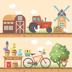 Spring gardening vector flat illustration in pastel colors with garden appliances