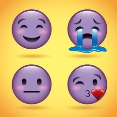 smiley set purple face with emotions facial expression funny cartoon character vector illustration