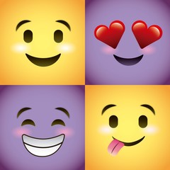 smiley set purple face with emotions facial expression funny cartoon character vector illustration