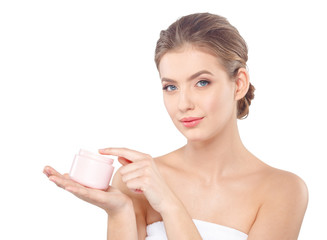 Woman with cream face skin care concept