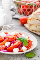 Tomato salad with fresh red onion and feta cheese. Healthy eating