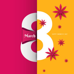Happy Women's Day concept design in minimalistic trendy paper cut style. Modern holiday background to March 8 for greeting card, banner, cover. Vector illustration.