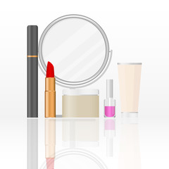 Women's cosmetics. a set of female cosmetics. Mirror, lipstick, face cream, mascara.