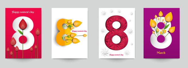 Happy Women's Day concept. Set holiday background for cover, invitation, poster, banner, flyer, placard. Minimal template design for branding, advertising in paper cut style. Vector illustration.