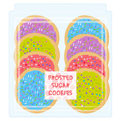 Hand made Frosted sugar Italian Freshly baked cookie with pink violet blue green frosting and sprinkles, Freshly baked in transparent plastic box package on white background. Bright colors. Vector