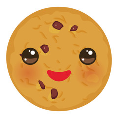 Fototapeta premium Kawaii Chocolate chip cookie Freshly baked isolated on white background. Cute face with pink cheeks and eyes. Bright colors. Vector