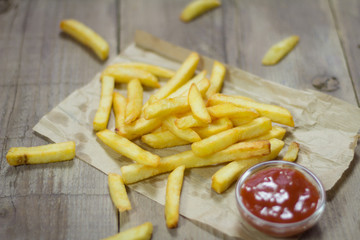 French fries and ketchup. Served on the table