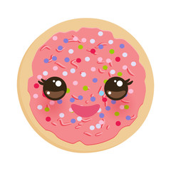 Kawaii Frosted sugar cookies, Italian Freshly baked biscuit with pink frosting and colorful sprinkles. Bright colors on white background. Vector
