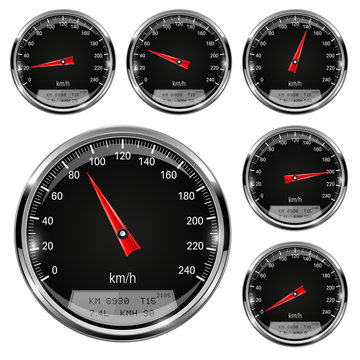 Speedometers. Black gauges with metal frame