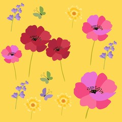 Poppies, bell flowers and marigold isolated on yellow background. Endless summer meadow pattern. Square card. Vector design.