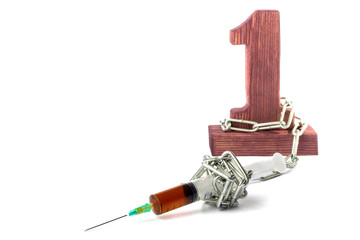 the syringe with the liquid is tied with a metal chain to the number one. the concept of doping in...