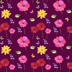 Fototapeta na wymiar Seamless ditsy natural print for fabric with funny birds, butterflies, red and pink poppies, marigold and bell flowers isolated on dark purple background.