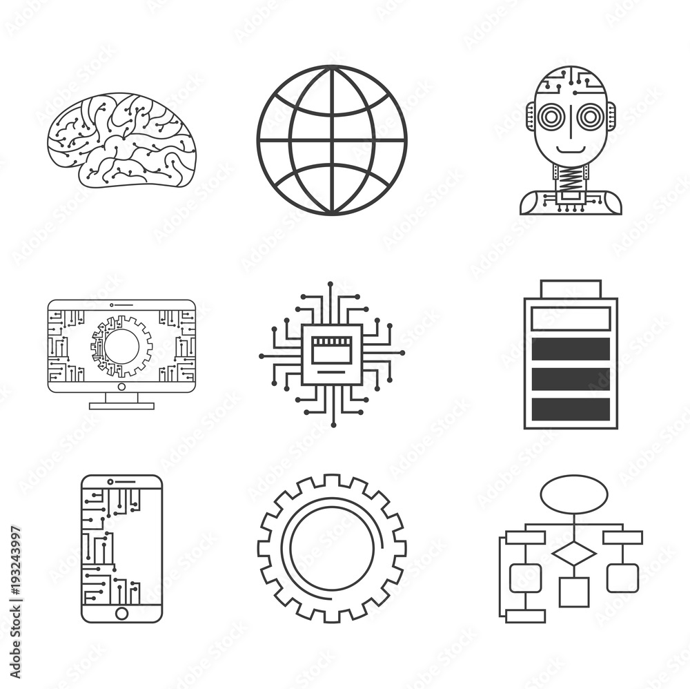 Sticker artificial intelligence technology innovation cyber icons vector illustration thin line image