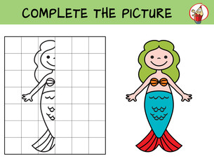 Cute little mermaid. Copy the picture. Coloring book. Educational game for children. Cartoon vector illustration