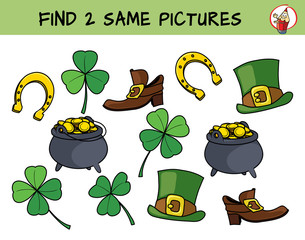 St.Patrick's Day symbols set. Shamrock, pot of gold, horseshoe and leprechaun's boot and hat. Find two same pictures. Educational matching game for children. Cartoon vector illustration