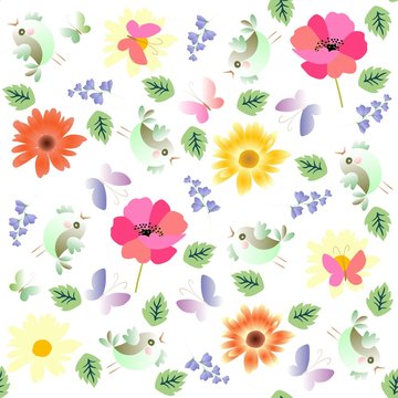 Seamless natural pattern for silk fabric in vector. Funny little birds, butterflies, green leaves, poppies and marigold flowers isolated on white background.